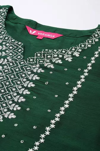 Women Round Neck Sequinned & Zari Kurta & Trouser With Fringed Detail Dupatta