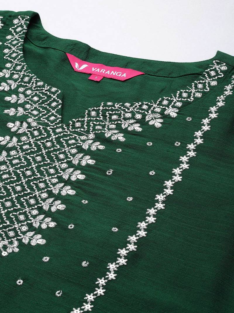Women Round Neck Sequinned & Zari Kurta & Trouser With Fringed Detail Dupatta
