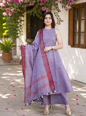 Beautiful lavender khadi linen halter-neck anarkali suit with zari border dupatta 1
