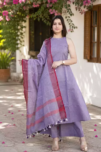 Beautiful lavender khadi linen halter-neck anarkali suit with zari border dupatta