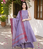 Beautiful lavender khadi linen halter-neck anarkali suit with zari border dupatta
