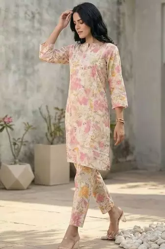Floral Printed Pure Cotton Straight Kurta with Palazzos