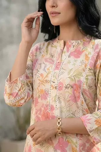 Floral Printed Pure Cotton Straight Kurta with Palazzos