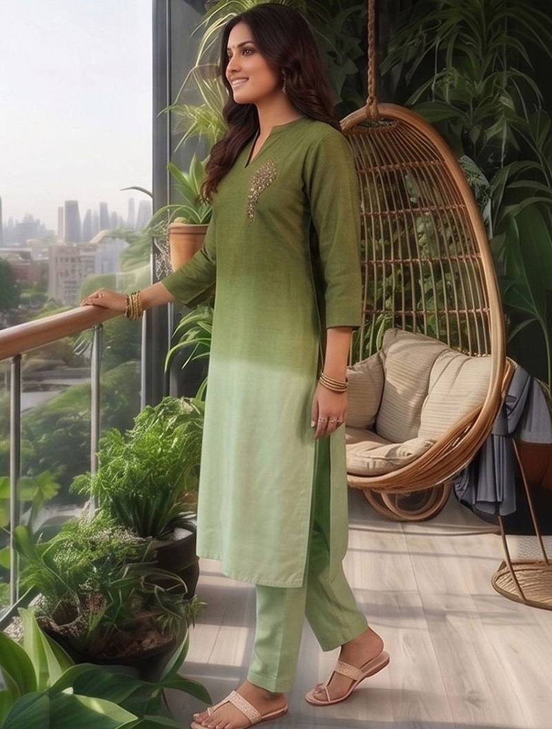 Women Ombre Dyed Regular Thread Work Kurta with Trousers