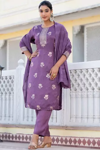 Regular Chanderi Silk Kurta with Trouser & Dupatta