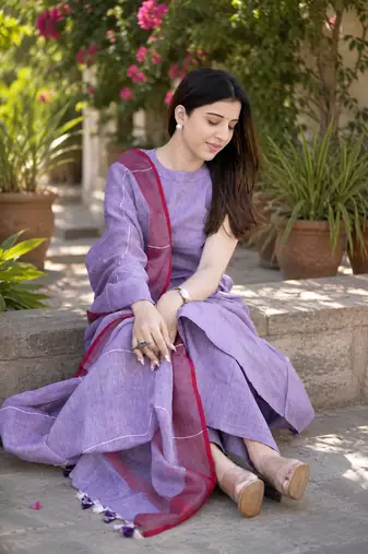 Beautiful lavender khadi linen halter-neck anarkali suit with zari border dupatta