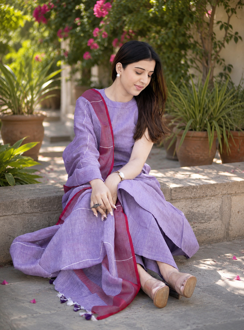 Beautiful lavender khadi linen halter-neck anarkali suit with zari border dupatta