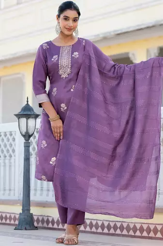 Regular Chanderi Silk Kurta with Trouser & Dupatta