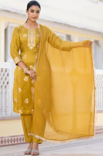 Regular Chanderi Silk Kurta with Trouser & Dupatta