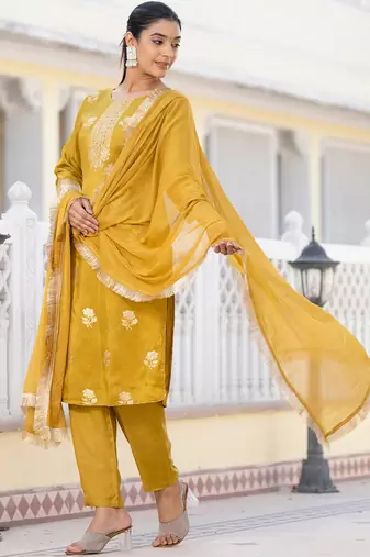 Regular Chanderi Silk Kurta with Trouser & Dupatta