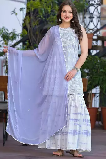 Thread Work Embroidered Straight Kurta With Sharara & Dupatta