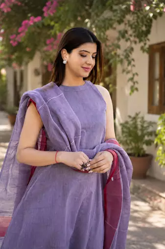 Beautiful lavender khadi linen halter-neck anarkali suit with zari border dupatta