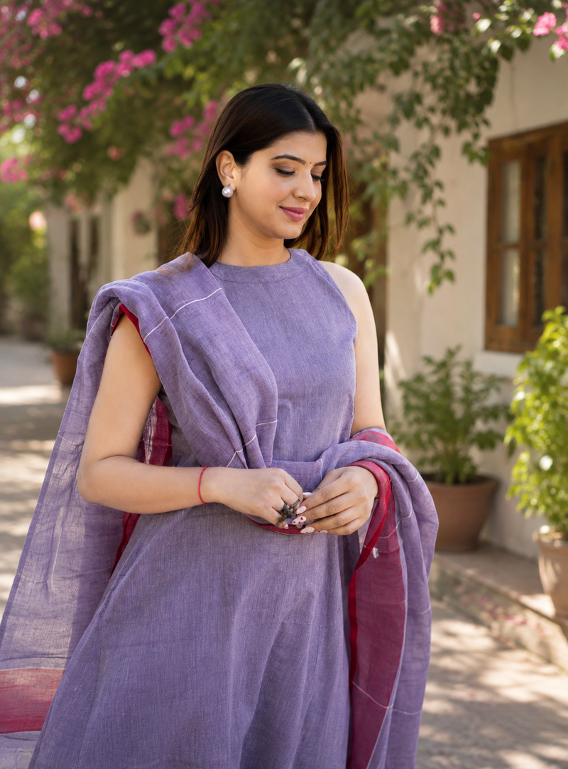 Beautiful lavender khadi linen halter-neck anarkali suit with zari border dupatta