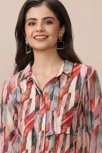 Beige Abstract Printed Shirt Collar Straight Kurta With Trouser
