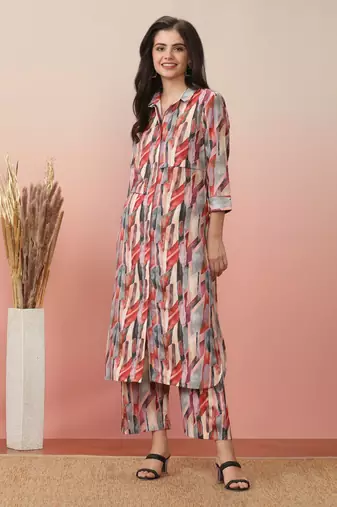 Beige Abstract Printed Shirt Collar Straight Kurta With Trouser