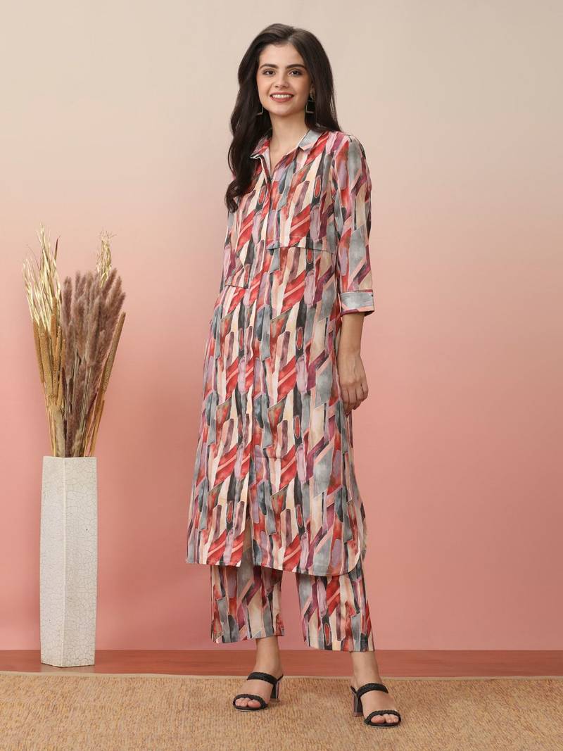 Beige Abstract Printed Shirt Collar Straight Kurta With Trouser
