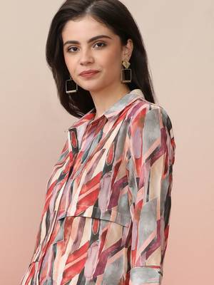 Beige Abstract Printed Shirt Collar Straight Kurta With Trouser 4