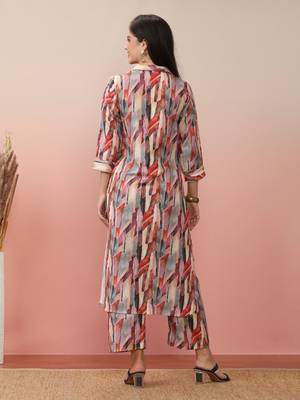 Beige Abstract Printed Shirt Collar Straight Kurta With Trouser 6