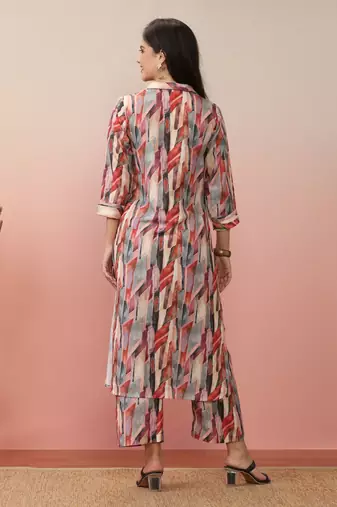 Beige Abstract Printed Shirt Collar Straight Kurta With Trouser