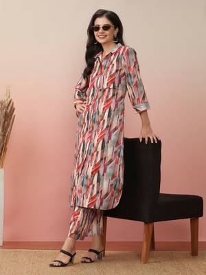 Beige Abstract Printed Shirt Collar Straight Kurta With Trouser 1