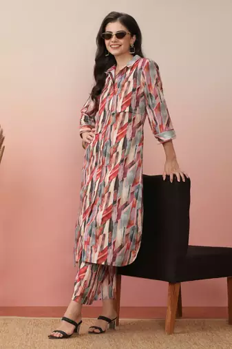 Beige Abstract Printed Shirt Collar Straight Kurta With Trouser
