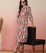 Beige Abstract Printed Shirt Collar Straight Kurta With Trouser