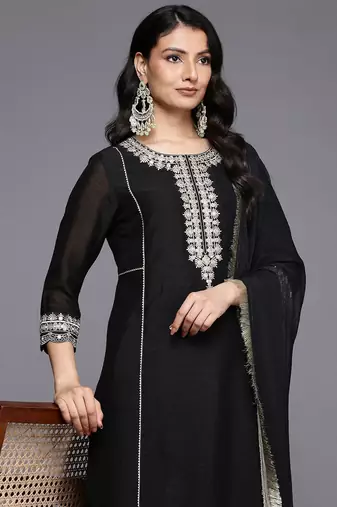 Ethnic Motifs Embroidered Zari Panelled Kurta With Trousers & Dupatta