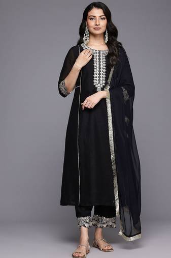Ethnic Motifs Embroidered Zari Panelled Kurta With Trousers & Dupatta