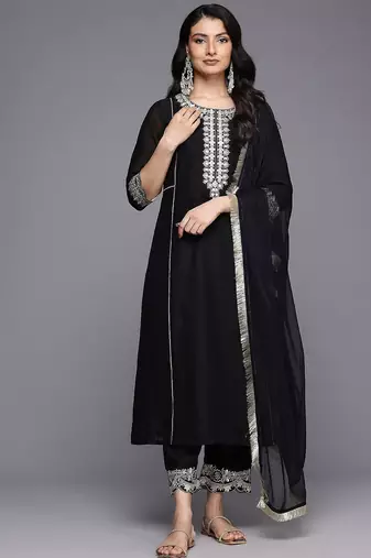 Ethnic Motifs Embroidered Zari Panelled Kurta With Trousers & Dupatta