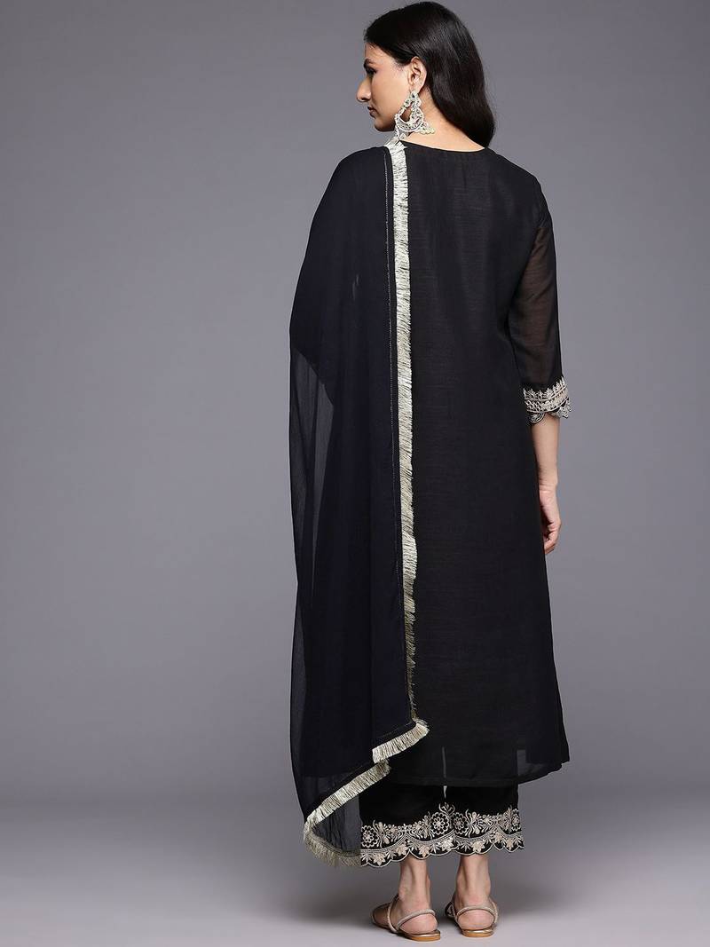 Ethnic Motifs Embroidered Zari Panelled Kurta With Trousers & Dupatta