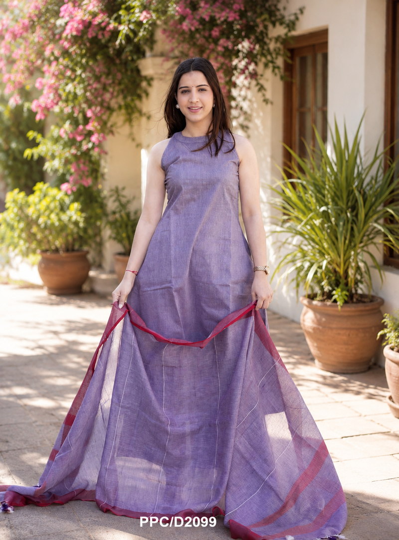 Beautiful lavender khadi linen halter-neck anarkali suit with zari border dupatta