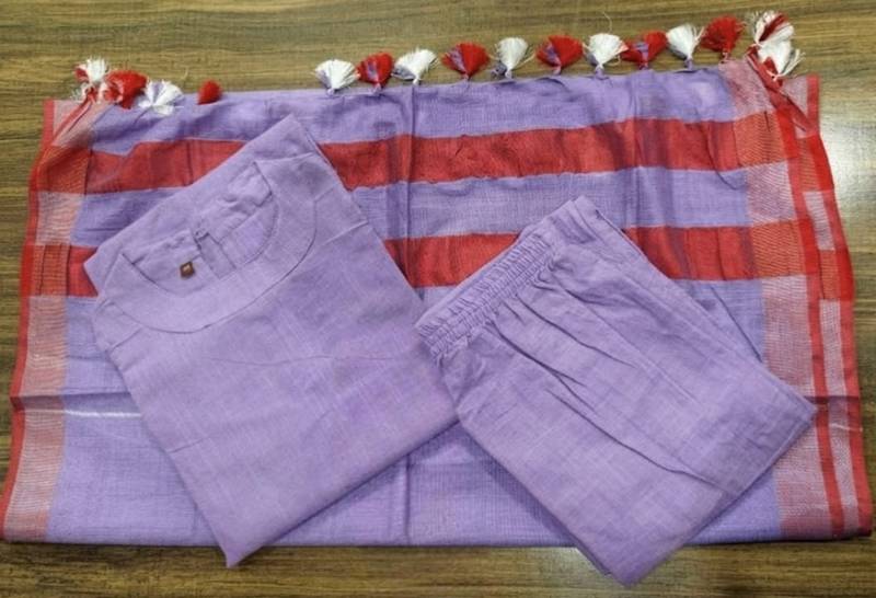 Beautiful lavender khadi linen halter-neck anarkali suit with zari border dupatta
