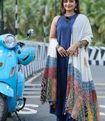 Beautiful navy blue solid handloom cotton sleeveless a-line kurti with printed dupatta set