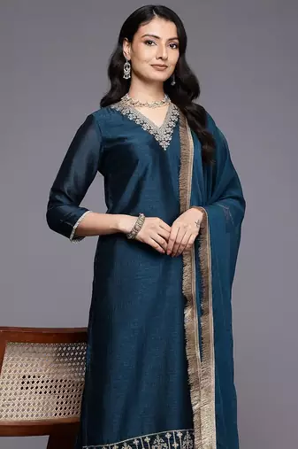 Ethnic Motifs Embroidered Zari Kurta With Palazzos & Dupatta