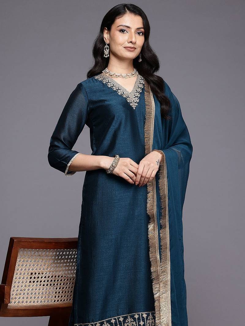 Ethnic Motifs Embroidered Zari Kurta With Palazzos & Dupatta