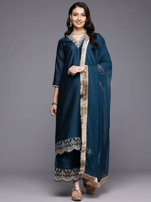 Ethnic Motifs Embroidered Zari Kurta With Palazzos & Dupatta 1