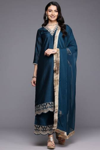 Ethnic Motifs Embroidered Zari Kurta With Palazzos & Dupatta