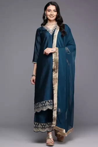 Ethnic Motifs Embroidered Zari Kurta With Palazzos & Dupatta