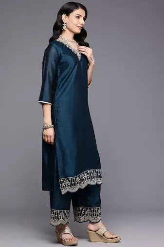 Ethnic Motifs Embroidered Zari Kurta With Palazzos & Dupatta
