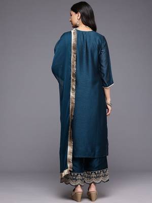 Ethnic Motifs Embroidered Zari Kurta With Palazzos & Dupatta 7