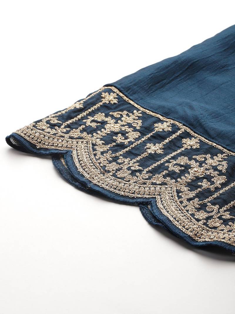 Ethnic Motifs Embroidered Zari Kurta With Palazzos & Dupatta
