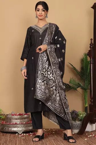 Ethnic Motifs Woven Design Zari Pure Silk Straight Kurta With Trouser & Dupatta