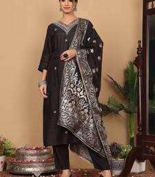 Ethnic Motifs Woven Design Zari Pure Silk Straight Kurta With Trouser & Dupatta