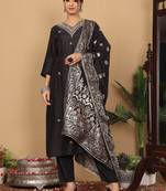 Ethnic Motifs Woven Design Zari Pure Silk Straight Kurta With Trouser & Dupatta