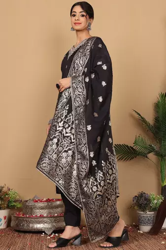 Ethnic Motifs Woven Design Zari Pure Silk Straight Kurta With Trouser & Dupatta