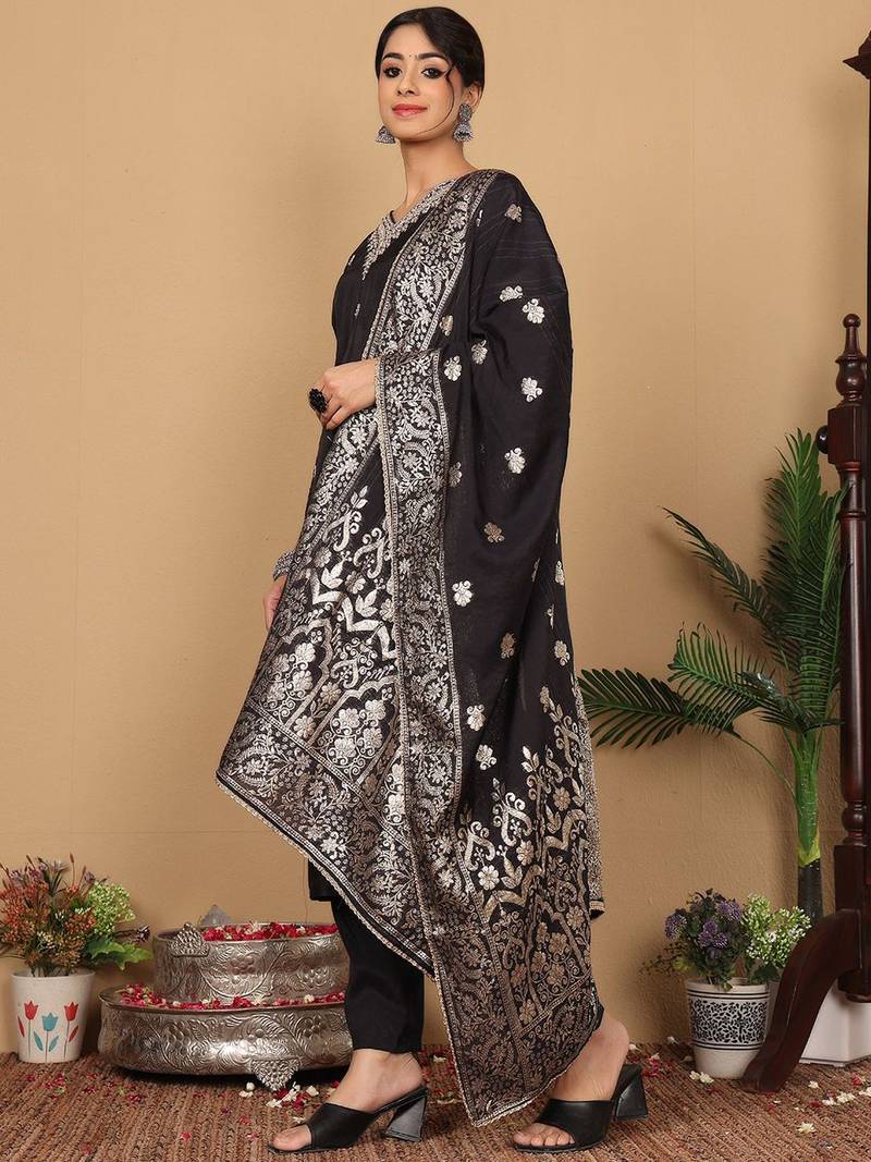 Ethnic Motifs Woven Design Zari Pure Silk Straight Kurta With Trouser & Dupatta