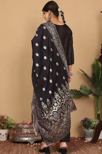 Ethnic Motifs Woven Design Zari Pure Silk Straight Kurta With Trouser & Dupatta