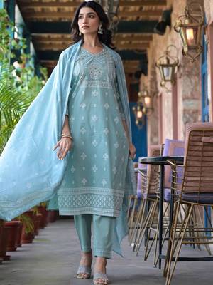 Floral Yoke Design Regular Mirror Work Pure Cotton Kurta with Trouser & Dupatta 1