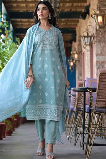Floral Yoke Design Regular Mirror Work Pure Cotton Kurta with Trouser & Dupatta