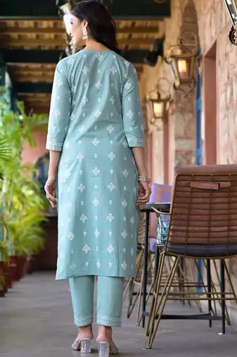 Floral Yoke Design Regular Mirror Work Pure Cotton Kurta with Trouser & Dupatta